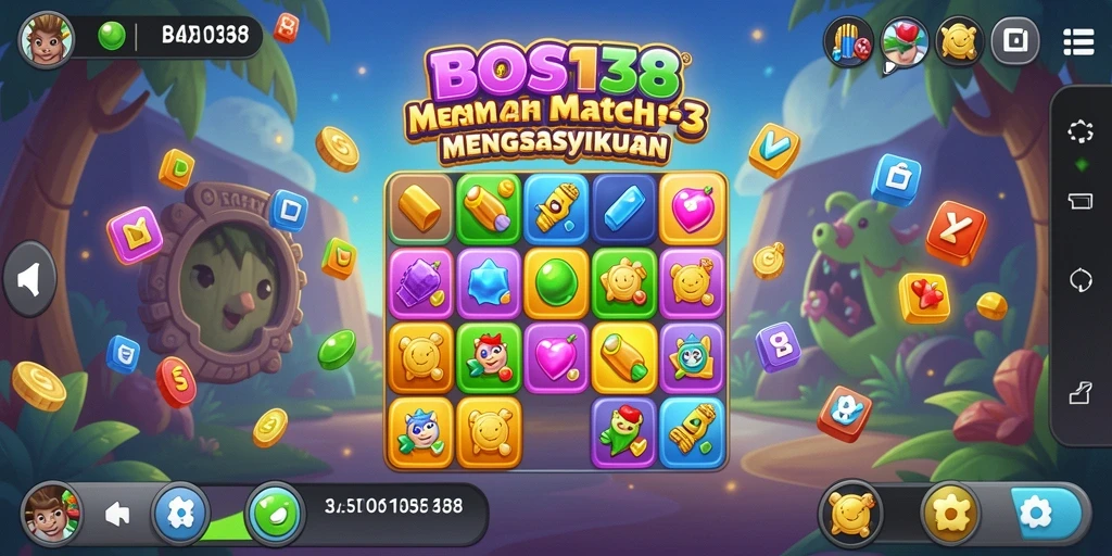 Tampilan gameplay <strong>BOS138</strong> yang penuh warna dengan elemen Match-3.