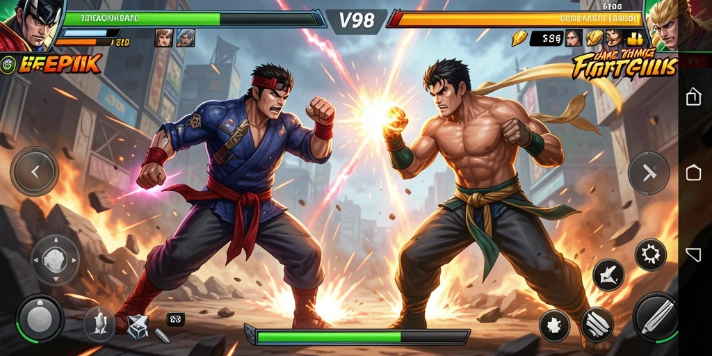 Gambaran gameplay V98 yang mendebarkan dengan pertarungan intens.